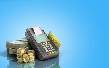 3d illüstrasyon mavi parlak zemin üzerine içine bir banka kartı ile para yığınları üzerinde terminal kartı