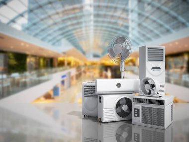 Klima donanımları 3d rensder Pazar arka plan üzerinde