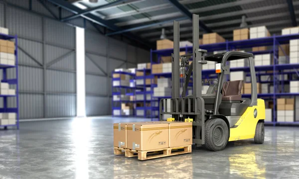 Ambar Büyük Bir Depo Teslim Arka Plan Resimde Forklift Kavramı — Stok fotoğraf