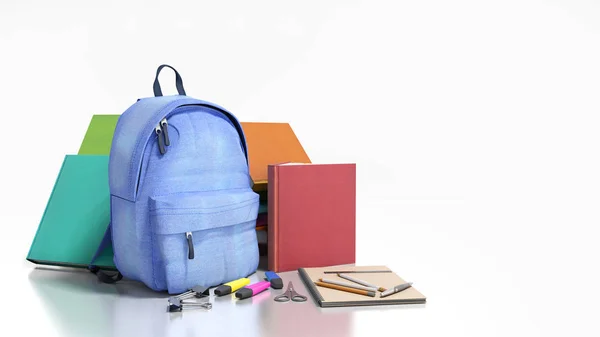 Mochila Azul Con Útiles Escolares Rendir Blanco —  Fotos de Stock