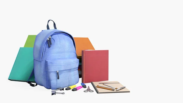 Blauer Rucksack Mit Schulmaterial Rendering Auf Weiß Kein Schatten — Stockfoto