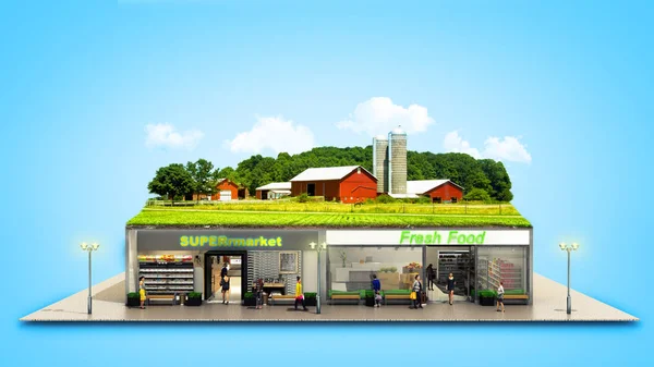 the concept of ecologically pure food showcases grocery supermarkets with a farm on the roof 3d render on blue