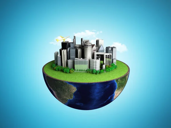 基于抽象蓝色背景3D 渲染的地球与城市城市化概念 — 图库照片
