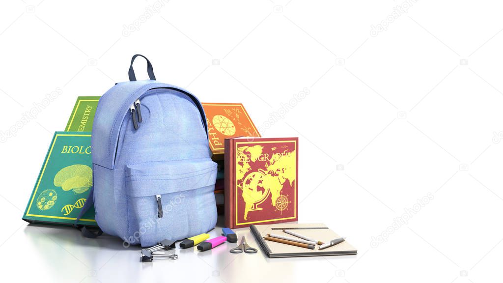 Blue backpack with school supplies 3d render on white