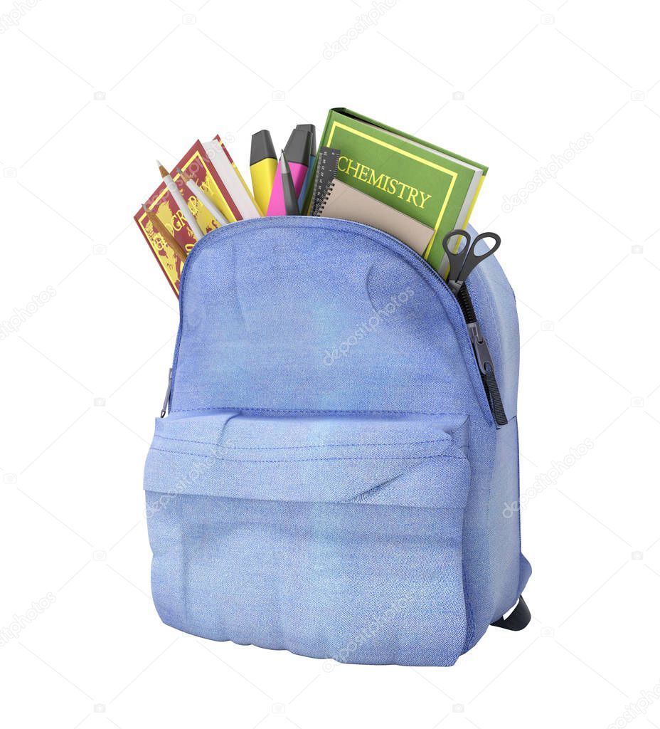 Blue backpack with school supplies 3d render on white no shadow