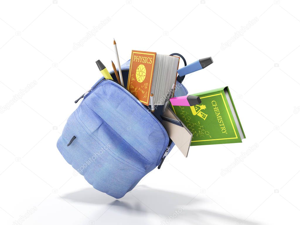Blue backpack with school supplies 3d render on white