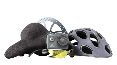 kavram doğa sporları eylem kamera Bisiklet kask 3d render bir beyaz arka plan gölge yok