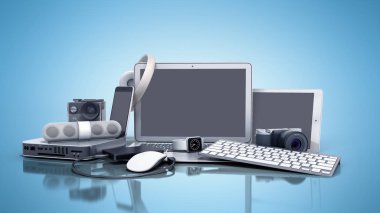 tüketici elektroniği 3d render mavi zemin üzerine topluluğu