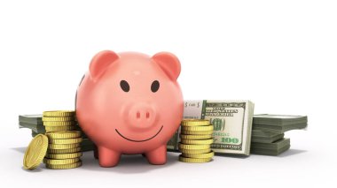 tasarruf para domuz para yığınları 3d render beyaz içinde kavramı 