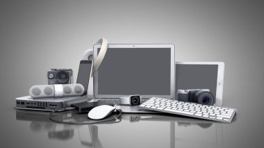tüketici elektroniği 3d render gri arka plan üzerinde topluluğu