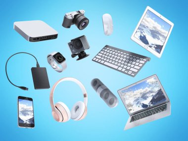 tüketici elektroniği hava 3d render mavi arka plan üzerinde uçan topluluğu