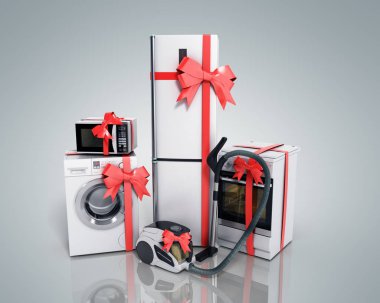 Grup beyaz buzdolabı çamaşır makinesi, mikrodalga fırın elektrikli süpürge gri izole kırmızı şeridi ile soba bir hediye olarak ev aletleri 3d arka plan