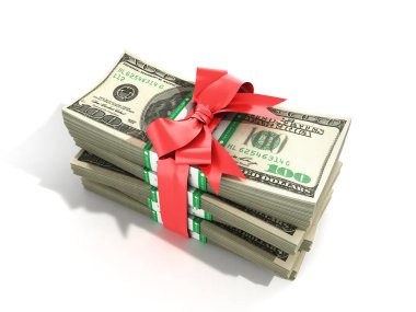 para Deposite Bonus doları yığını kavramı kırmızı yay ile nakit faturaları beyaz geri yere 3d render