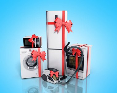 Ev tekniği bir hediye beyaz buzdolabı çamaşır makinesi grup mavi izole kırmızı şeridi ile mikrodalga fırın elektrikli süpürge soba gibi arka plan 3d