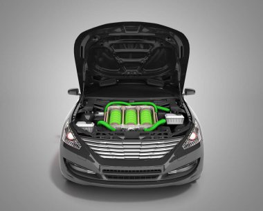 Grey hood 3d render altında bir elektrikli otomobil pilleri pil kapasitesi kavramı