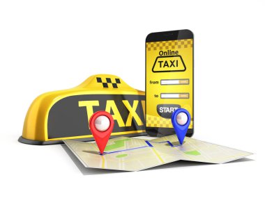 Sipariş bir taksi taksi online internet servisi ulaşım kavramı gezinti PIN işaretçi denetleyicisi desen ve sarı taksi ve 3d render beyaz telefon