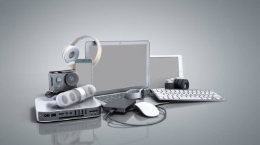 tüketici elektroniği 3d render gri arka plan üzerinde topluluğu
