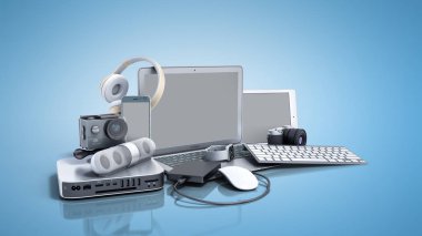 tüketici elektroniği 3d render mavi zemin üzerine topluluğu
