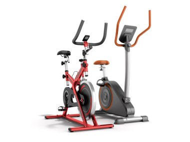 Beyaz arka plan üzerinde iki modern spor egzersiz bisikleti sarı mor 3d render