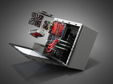 açık durumda iç parçalar anakart serin ekran kartı güç kaynağı 3d Hdd sürücüler ile render üzerinde gri degrade Pc