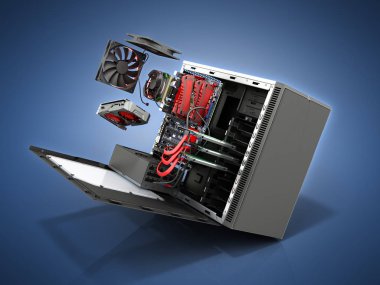 açık durumda iç parçalar anakart serin ekran kartı güç kaynağı 3d Hdd sürücüler ile render Mavi degrade üzerinde Pc
