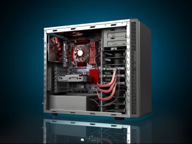 açık durumda iç parçalar anakart serin ekran kartı güç kaynağı 3d Hdd sürücüler ile render darck mavi üzerinde Pc
