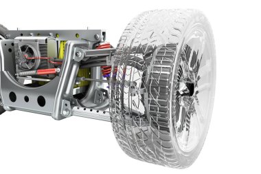elektrikli otomobil cystem dingil mesafesi ile elektrikli araç tahrik sistemi ve pil paketi beyaz 3d render gölge yok