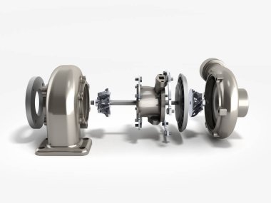 Otomotiv Turbo türbin 3d render beyaz