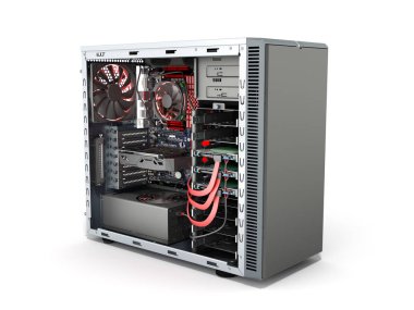açık iç parçalar anakart serin ekran kartı güç kaynağı 3d Hdd sürücüler ile durum render beyaz üzerinde Pc