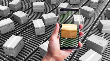 Modern teslim arama bir parsel kavramı paketleri teslim ambalajlama hizmeti ve parsel ulaşım sistemi konsepti için konveyör 3d render üzerinde karton kutular