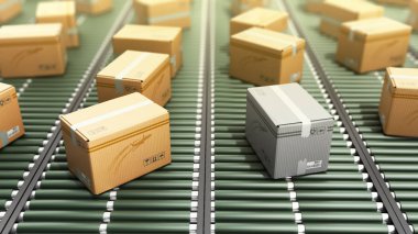 Modern paketleri teslim hizmeti ve paketler ulaşım sistemi kavramı kaybı konveyör 3d render üzerinde koli karton kutu ambalaj