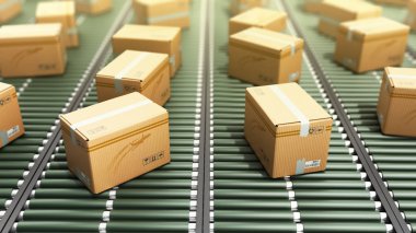 Modern paketleri teslim ambalaj hizmet ve paketler ulaşım sistemi kavramı karton kutular üzerinde konveyör 3d render