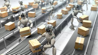 Üretimde sıralama kesin modern kavram otomatik ya teslim robotlar kutuları konveyör konveyör 3d render için geçiş