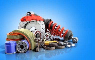 araç bakım Otomotiv kavramı mavi bir arka plan üzerinde 3d render malzemeleri