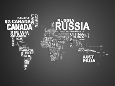 Tüm ülkeler ve onların adları 3d çizim Grey Dünya Haritası