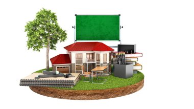 evde mezunları şapka öğrenme modern kavram, kara kitap yastıkları kalemler ataç parçası üzerinde ev ayakta sabitlendiği ve bir tahta 3d render beyaz gölge yok
