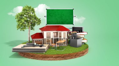 evde mezunları şapka öğrenme modern kavram kara kitap yastıkları kalemler ataç parçası üzerinde ev ayakta ve yeşil bir yönetim kurulu 3d render sabitlendiği