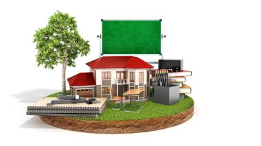 evde mezunları şapka öğrenme modern kavram kara kitap yastıkları kalemler ataç parçası üzerinde ev ayakta ve beyaz üzerine kurulu 3d render sabitlendiği 