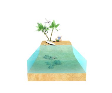 Su ve kesit olağandışı bir plajda avuç içi ile tropik ada parçası seyahat 3d çizim Isolated beyaz gölge yok