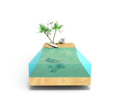 Su ve kesit alışılmadık seyahat 3d çizim göl kenarında beyaz bir plajda avuç içi ile tropik ada parçası