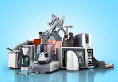 Ev aletleri elektrikli süpürge mikrodalga demir kahve makinesi Buhar kettle ekmek kızartma makinesi kıyma makinesi mavi Grup arka plan 3d