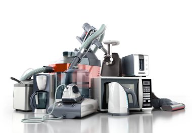 Ev aletleri elektrikli süpürge mikrodalga demir kahve makinesi Buhar kettle ekmek kızartma makinesi kıyma makinesi beyaz grup arka plan 3d