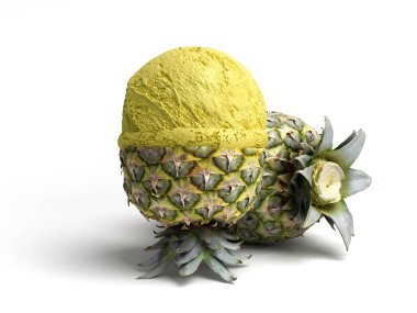 modern meyve dondurma kavramı kavrulmuş ananas 3d render beyaz arka plan üzerinde bir ananas dondurma topu yatıyor