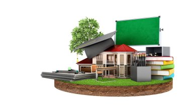 evde mezunları şapka öğrenme modern kavram, kara kitap yastıkları kalemler ataç parçası üzerinde ev ayakta sabitlendiği ve bir tahta 3d render beyaz gölge yok