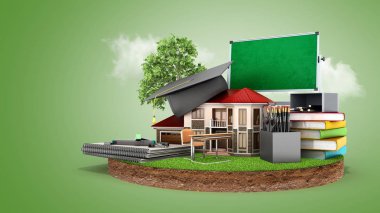 evde mezunları şapka öğrenme modern kavram kara kitap yastıkları kalemler ataç parçası üzerinde ev ayakta ve yeşil bir yönetim kurulu 3d render sabitlendiği