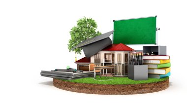 evde mezunları şapka öğrenme modern kavram kara kitap yastıkları kalemler ataç parçası üzerinde ev ayakta ve beyaz üzerine kurulu 3d render sabitlendiği 