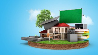evde mezunları şapka öğrenme modern kavram kara kitap yastıkları kalemler ataç parçası üzerinde ev ayakta ve Yönetim Kurulu 3d render mavi tuş