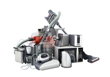 Ev aletleri vakum cleaner mikrodalga demir kahve makinesi Buhar kettle ekmek kızartma makinesi kıyma makinesi beyaz grup 3d arka plan gölge yok