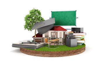 evde mezunları şapka öğrenme modern kavram kara kitap yastıkları kalemler ataç parçası üzerinde ev ayakta ve beyaz üzerine kurulu 3d render sabitlendiği