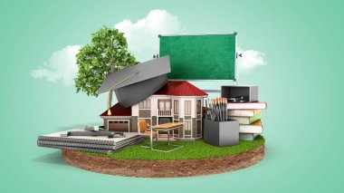 evde mezunları şapka öğrenme modern kavram kara kitap yastıkları kalemler ataç parçası üzerinde ev ayakta ve yeşil bir yönetim kurulu 3d render sabitlendiği